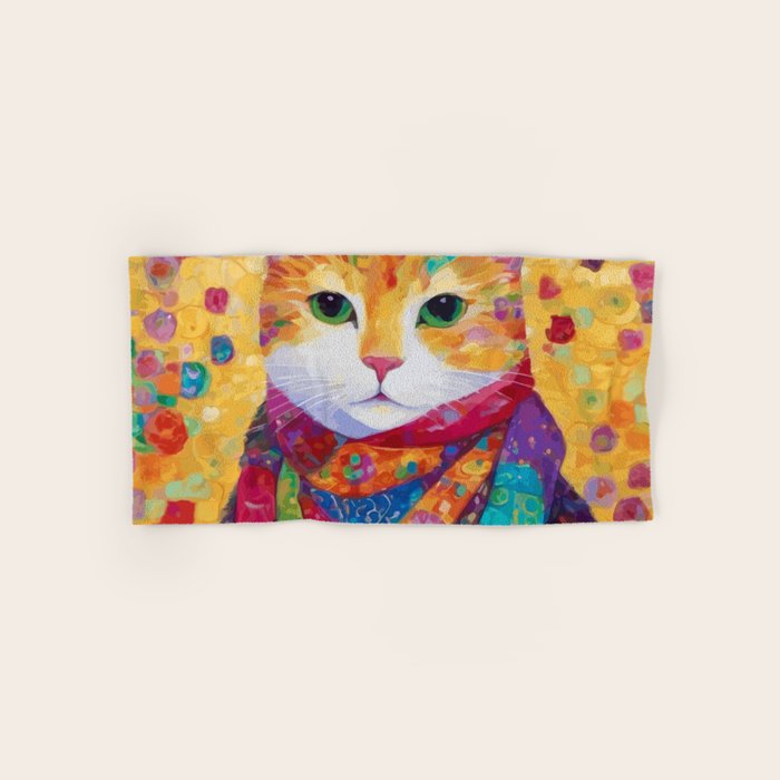 Colorful Cat Portrait Painting After Gustav Klimt Bath Towel Gallery Image 1