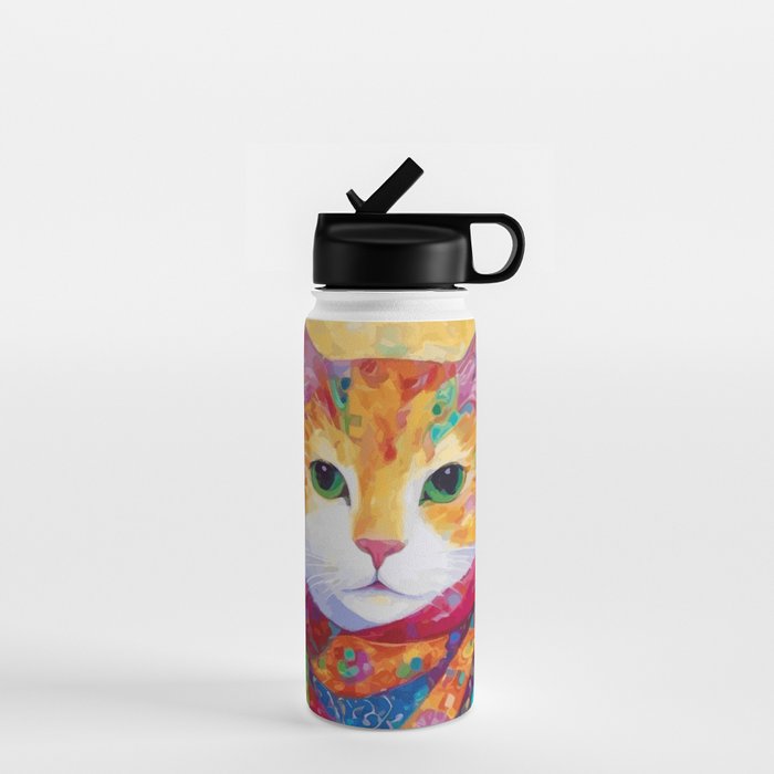 Colorful Cat Portrait Painting After Gustav Klimt Water Bottle Gallery Image 1