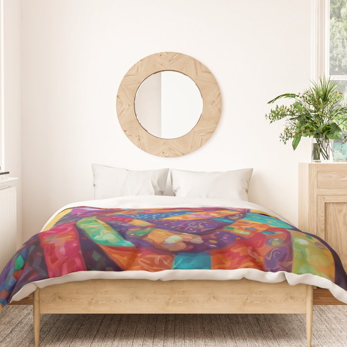 Colorful Cat Portrait Painting After Gustav Klimt Duvet Cover Gallery Image 3