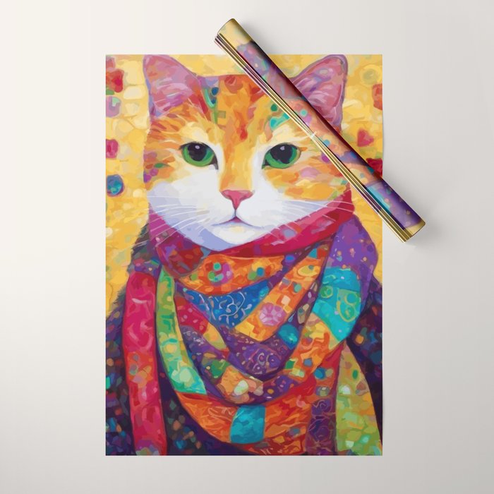 Colorful Cat Portrait Painting After Gustav Klimt Wrapping Paper Gallery Image 1
