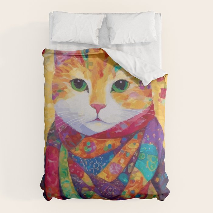 Colorful Cat Portrait Painting After Gustav Klimt Duvet Cover Gallery Image 6