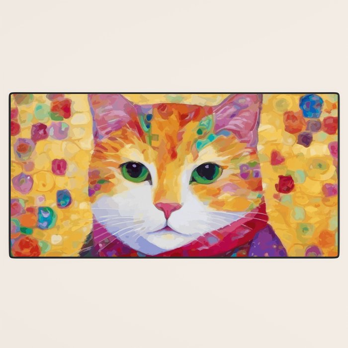 Colorful Cat Portrait Painting After Gustav Klimt Desk Mat Gallery Image 3