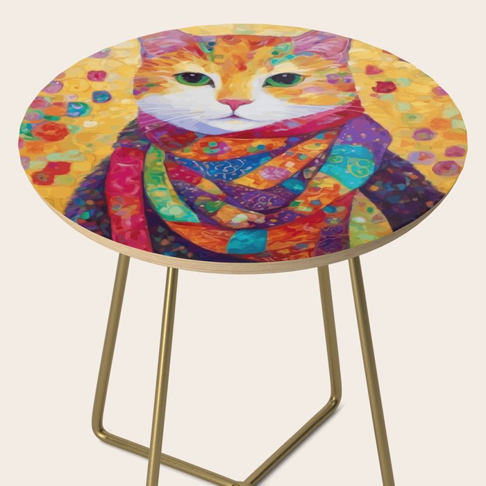 Colorful Cat Portrait Painting After Gustav Klimt Side Table Gallery Image 2