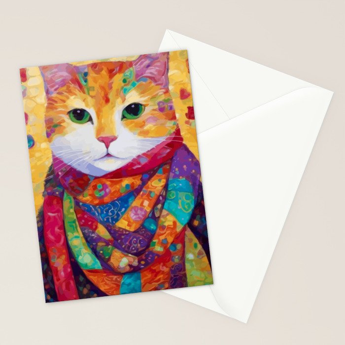 Colorful Cat Portrait Painting After Gustav Klimt Stationery Card Gallery Image 2