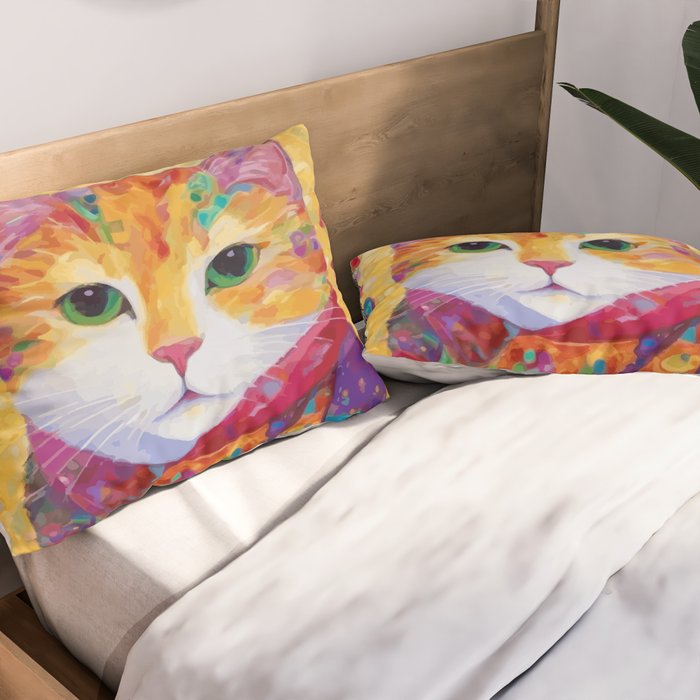 Colorful Cat Portrait Painting After Gustav Klimt Pillow Sham Gallery Image 2