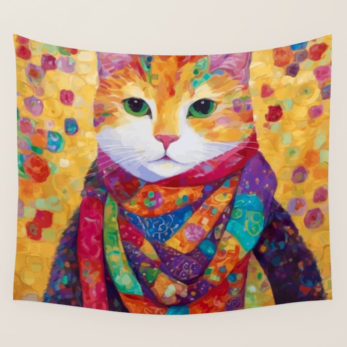 Colorful Cat Portrait Painting After Gustav Klimt Wall Tapestry Gallery Image 1