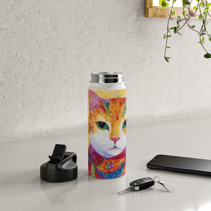 Colorful Cat Portrait Painting After Gustav Klimt Water Bottle Gallery Image 4