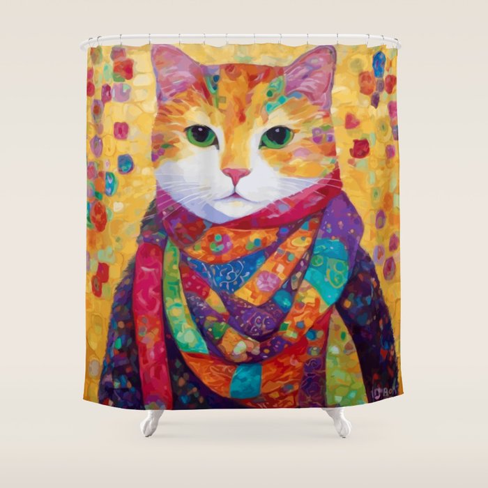Colorful Cat Portrait Painting After Gustav Klimt Shower Curtain Gallery Image 1