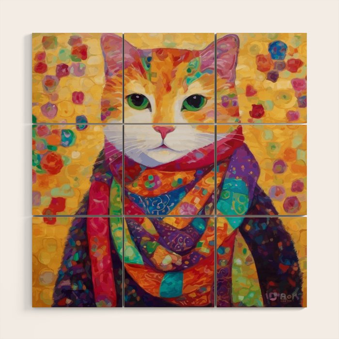 Colorful Cat Portrait Painting After Gustav Klimt Wood Wall Art Gallery Image 1