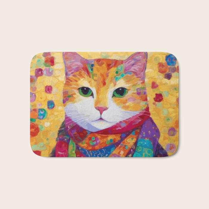 Colorful Cat Portrait Painting After Gustav Klimt Bath Mat Gallery Image 1