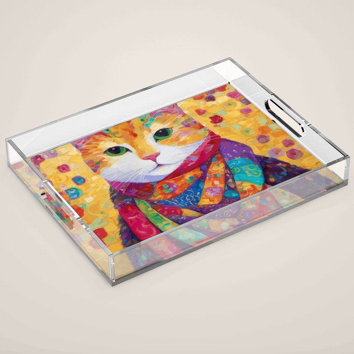 Colorful Cat Portrait Painting After Gustav Klimt Acrylic Tray Gallery Image 1