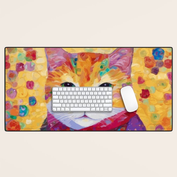 Colorful Cat Portrait Painting After Gustav Klimt Desk Mat Gallery Image 1