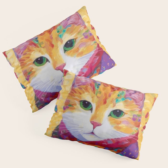 Colorful Cat Portrait Painting After Gustav Klimt Pillow Sham Gallery Image 3