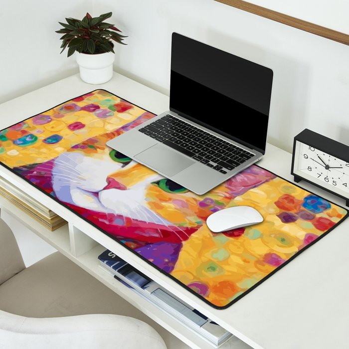 Colorful Cat Portrait Painting After Gustav Klimt Desk Mat Gallery Image 2
