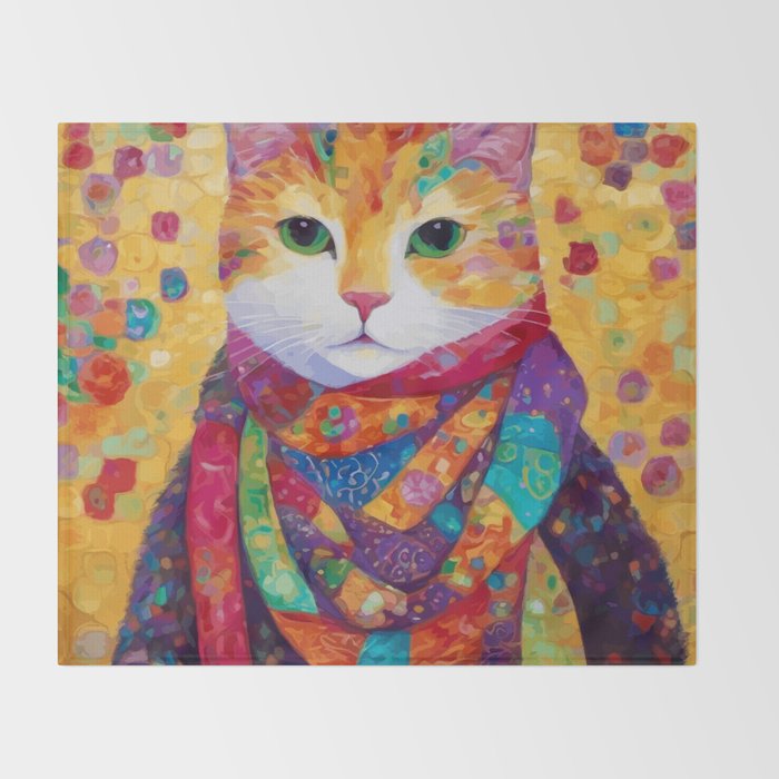 Colorful Cat Portrait Painting After Gustav Klimt Throw Blanket Gallery Image 2