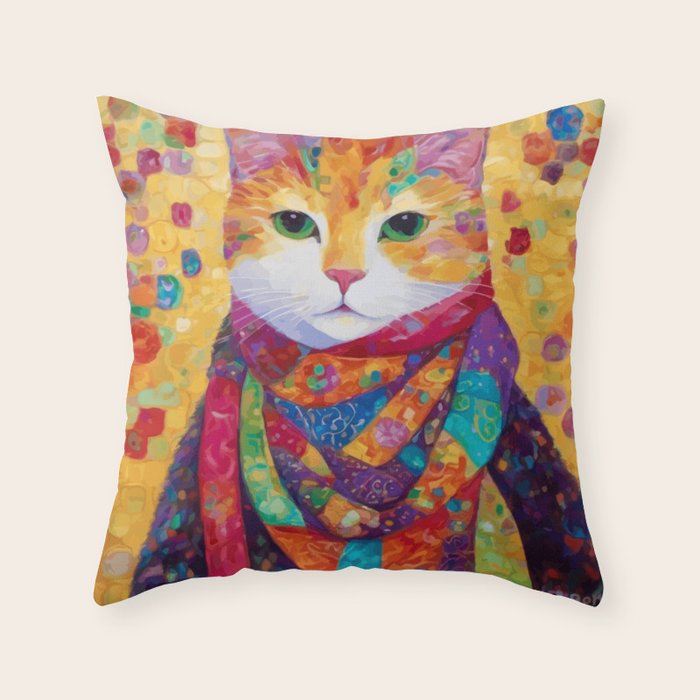 Colorful Cat Portrait Painting After Gustav Klimt Throw Pillow Gallery Image 6
