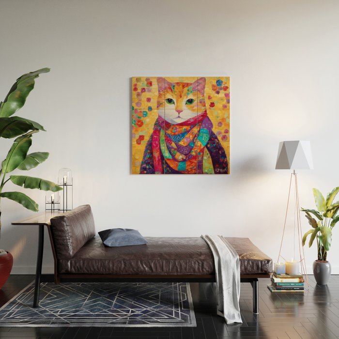 Colorful Cat Portrait Painting After Gustav Klimt Wood Wall Art Gallery Image 2