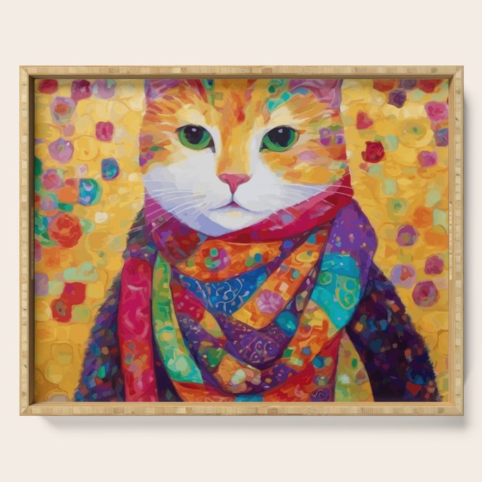 Colorful Cat Portrait Painting After Gustav Klimt Serving Tray Gallery Image 1