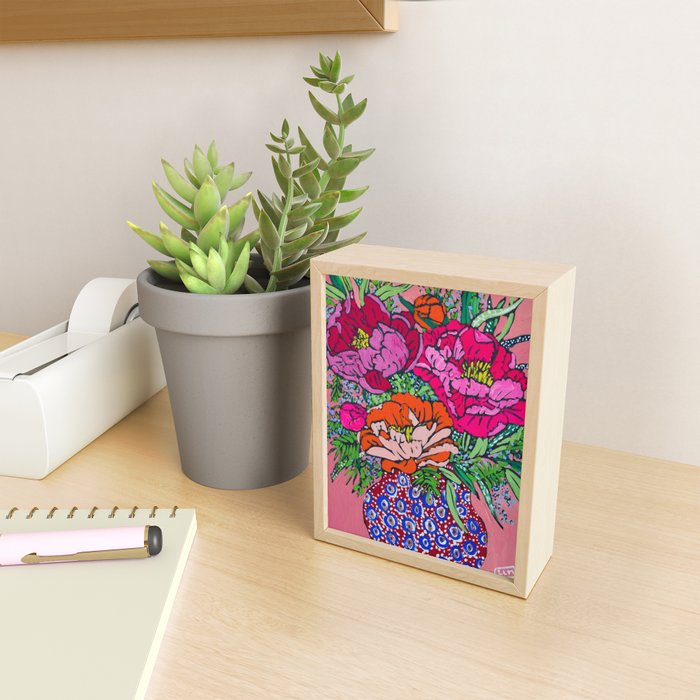 Peony Bouquet in Folk Art Vase on Pink Fauvist Lara Meintjes Painting Mini Art Print Gallery Image 2