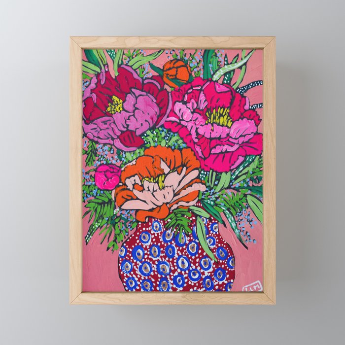 Peony Bouquet in Folk Art Vase on Pink Fauvist Lara Meintjes Painting Mini Art Print Gallery Image 1