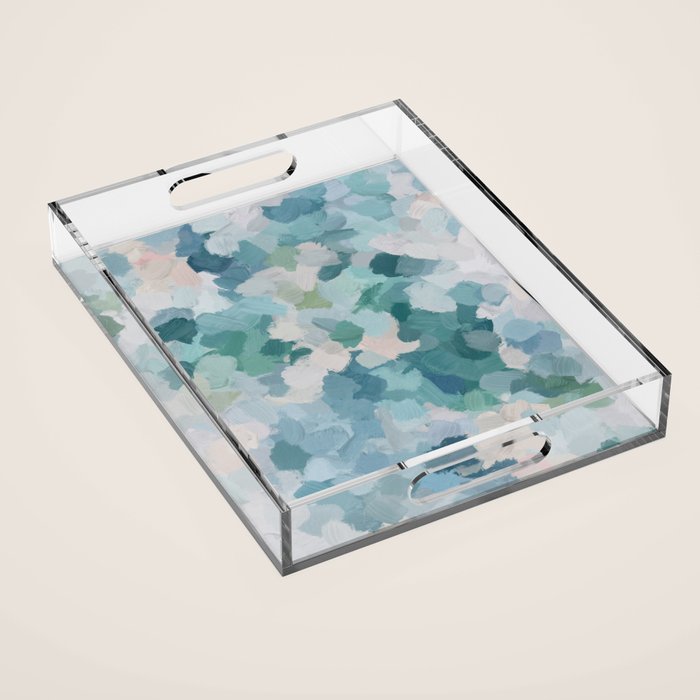 Flowers in the Wind II - Mint Green Sky Blue Teal Blush Pink Abstract Nature Nature Painting Art Acrylic Tray Gallery Image 1