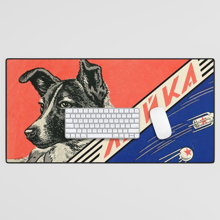 Laika, first space dog â Soviet vintage space poster [Sovietwave] Desk Mat Gallery Image 1