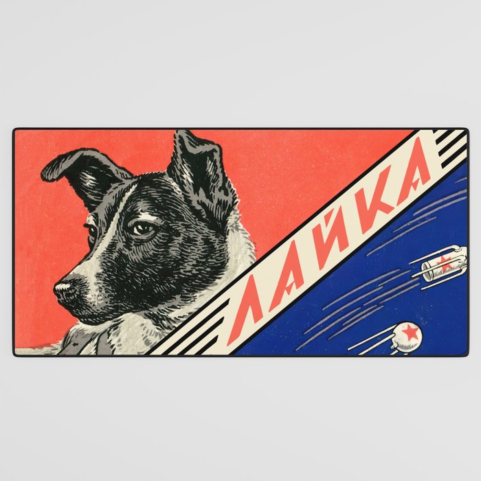 Laika, first space dog â Soviet vintage space poster [Sovietwave] Desk Mat Gallery Image 3