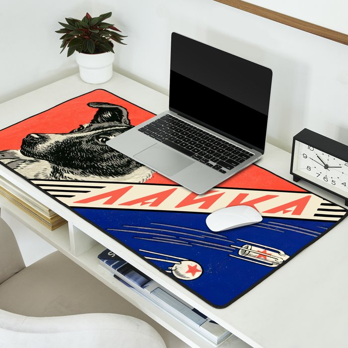 Laika, first space dog â Soviet vintage space poster [Sovietwave] Desk Mat Gallery Image 2