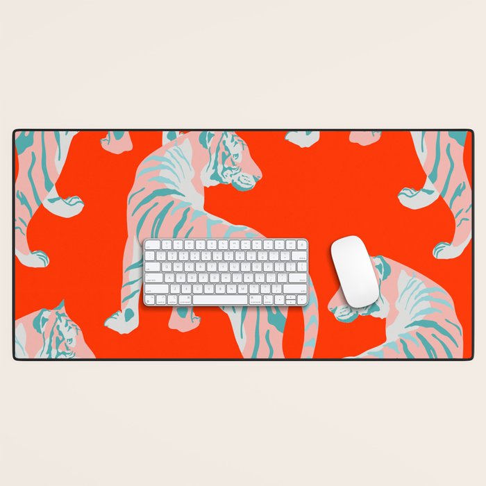 Exotic Pink Tigers on Bold Orange Animal Pattern Desk Mat Gallery Image 1