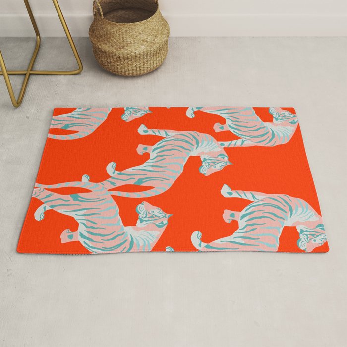 Exotic Pink Tigers on Bold Orange Animal Pattern Rug Gallery Image 1