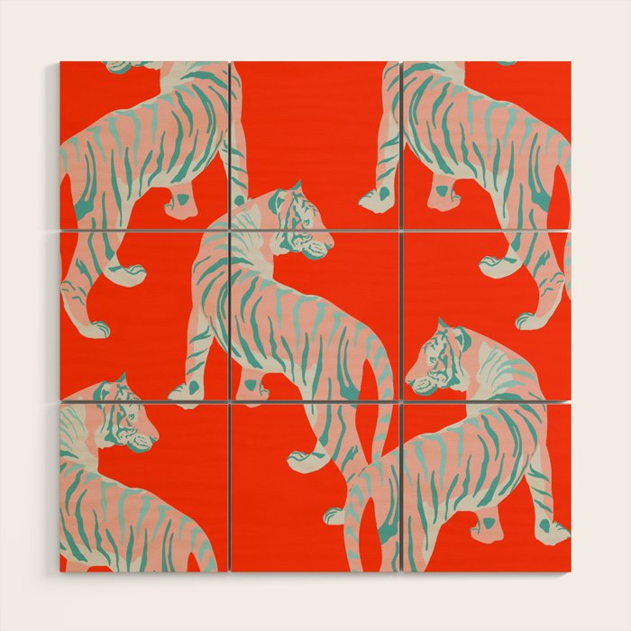 Exotic Pink Tigers on Bold Orange Animal Pattern Wood Wall Art Gallery Image 1