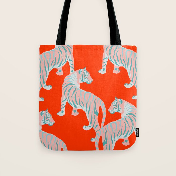 Exotic Pink Tigers on Bold Orange Animal Pattern Tote Bag Gallery Image 1
