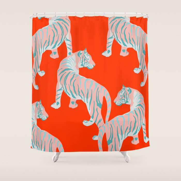 Exotic Pink Tigers on Bold Orange Animal Pattern Shower Curtain Gallery Image 1
