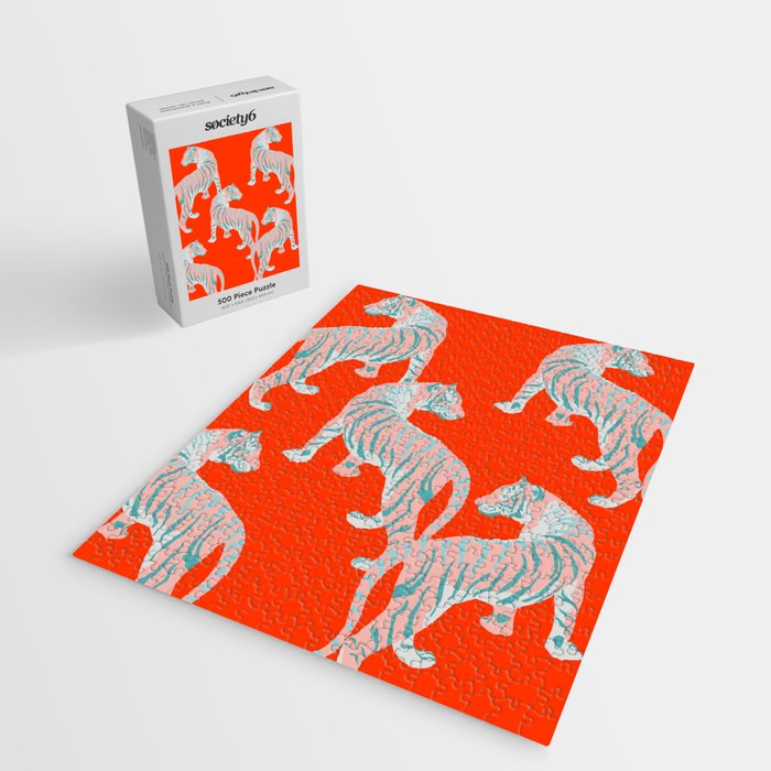 Exotic Pink Tigers on Bold Orange Animal Pattern Jigsaw Puzzle Gallery Image 2