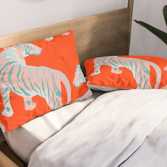 Exotic Pink Tigers on Bold Orange Animal Pattern Pillow Sham Gallery Image 2
