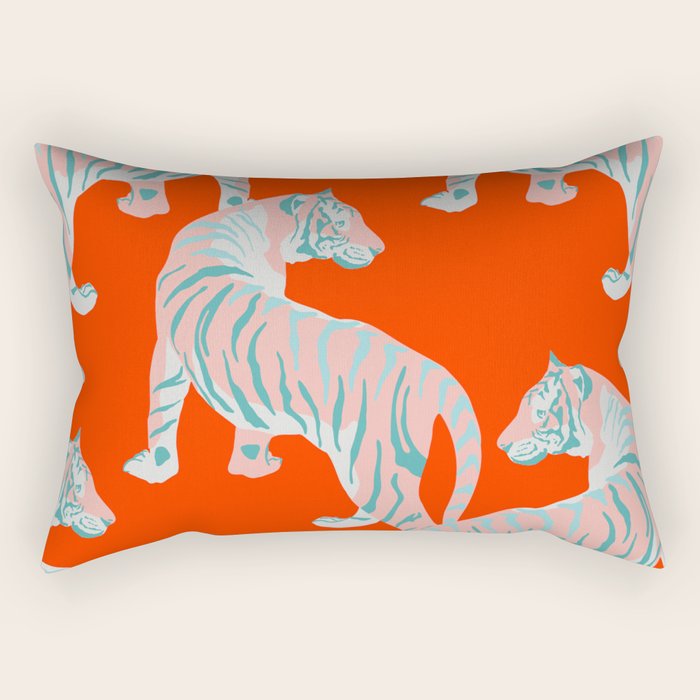 Exotic Pink Tigers on Bold Orange Animal Pattern Rectangular Pillow Gallery Image 2