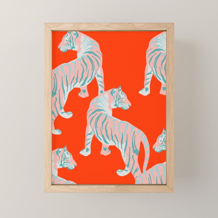 Exotic Pink Tigers on Bold Orange Animal Pattern Mini Art Print Gallery Image 1