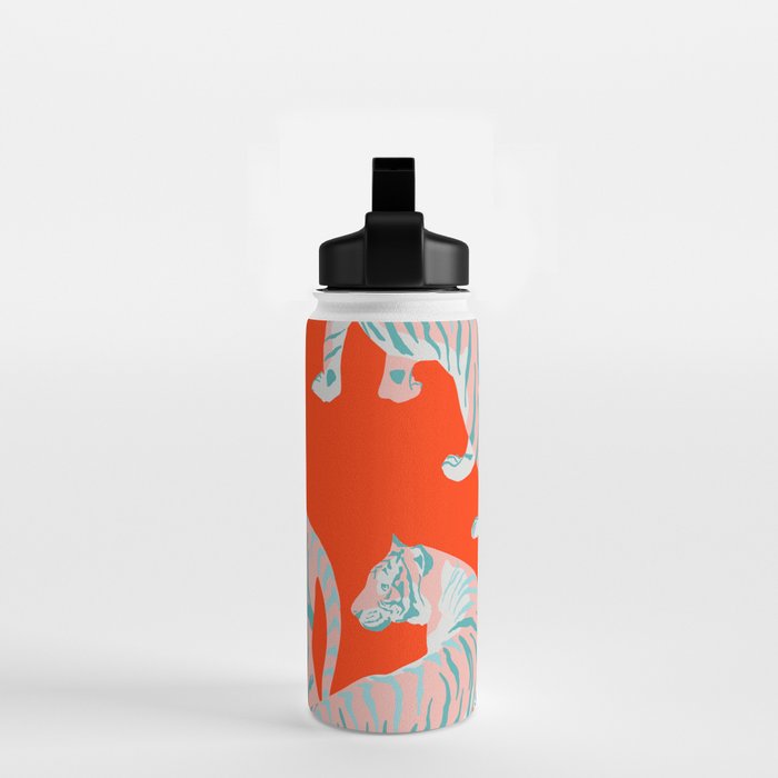 Exotic Pink Tigers on Bold Orange Animal Pattern Water Bottle Gallery Image 2