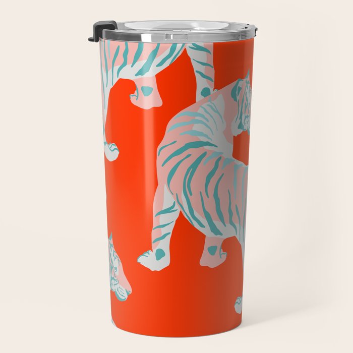 Exotic Pink Tigers on Bold Orange Animal Pattern Travel Mug Gallery Image 3
