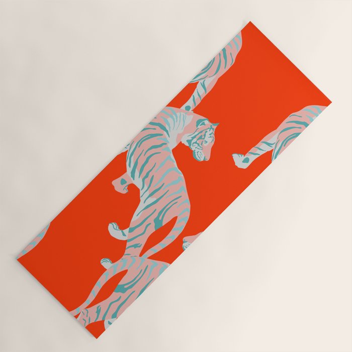 Exotic Pink Tigers on Bold Orange Animal Pattern Yoga Mat Gallery Image 1