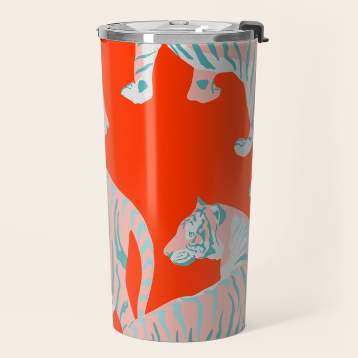 Exotic Pink Tigers on Bold Orange Animal Pattern Travel Mug Gallery Image 2