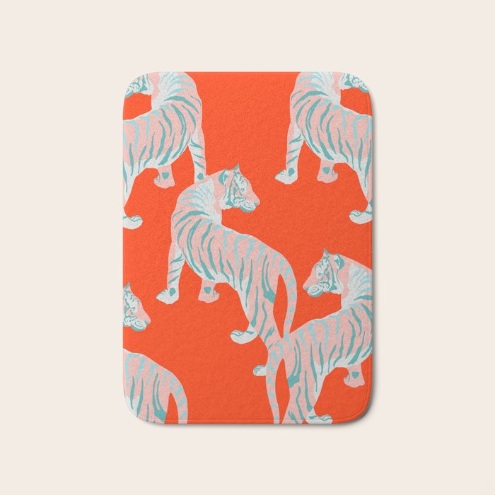 Exotic Pink Tigers on Bold Orange Animal Pattern Bath Mat Gallery Image 1