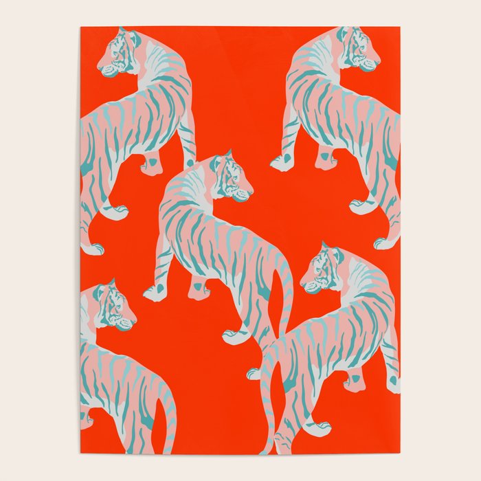 Exotic Pink Tigers on Bold Orange Animal Pattern Poster Gallery Image 1