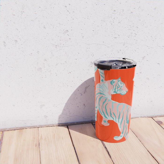 Exotic Pink Tigers on Bold Orange Animal Pattern Travel Mug Gallery Image 4