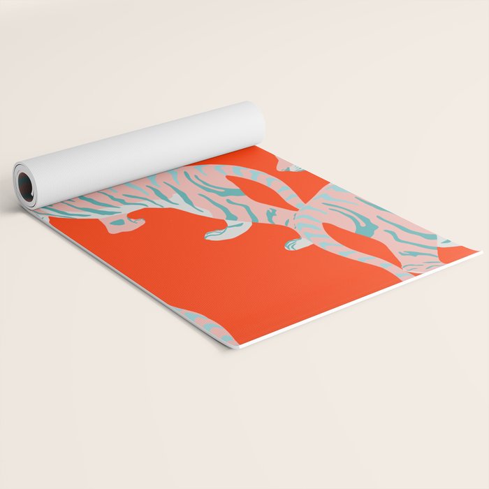Exotic Pink Tigers on Bold Orange Animal Pattern Yoga Mat Gallery Image 2
