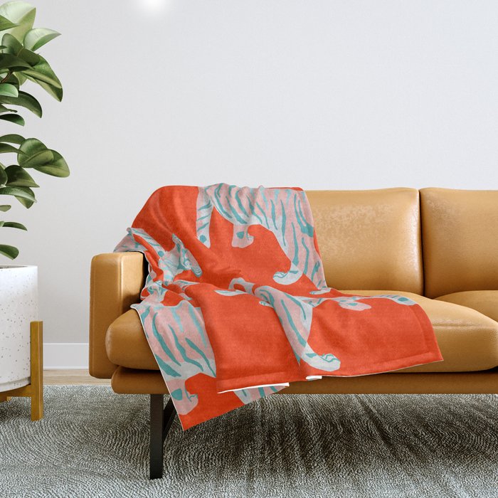 Exotic Pink Tigers on Bold Orange Animal Pattern Throw Blanket Gallery Image 1