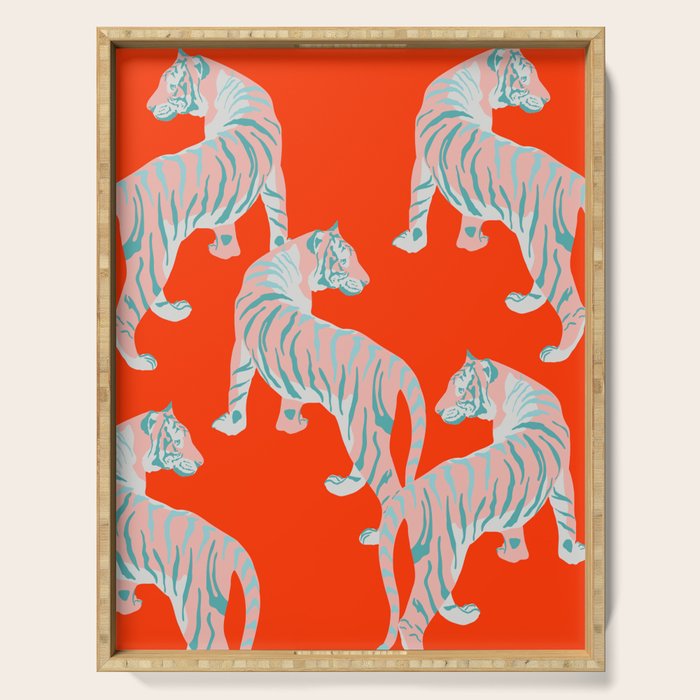 Exotic Pink Tigers on Bold Orange Animal Pattern Serving Tray Gallery Image 1