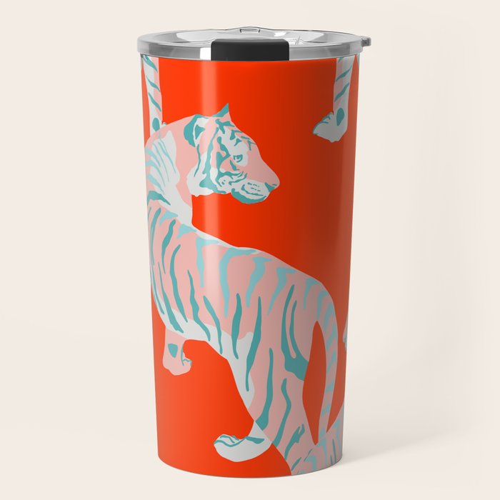 Exotic Pink Tigers on Bold Orange Animal Pattern Travel Mug Gallery Image 1