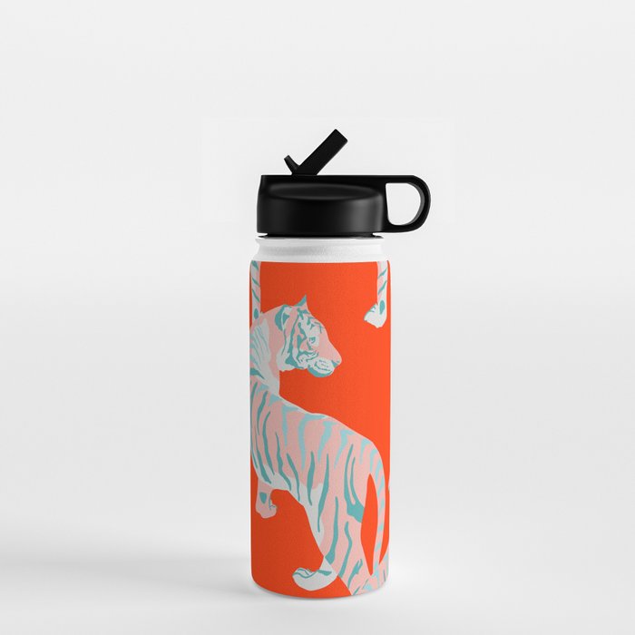 Exotic Pink Tigers on Bold Orange Animal Pattern Water Bottle Gallery Image 1