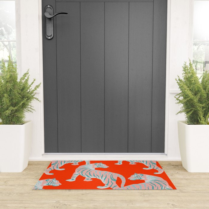 Exotic Pink Tigers on Bold Orange Animal Pattern Welcome Mat Gallery Image 3